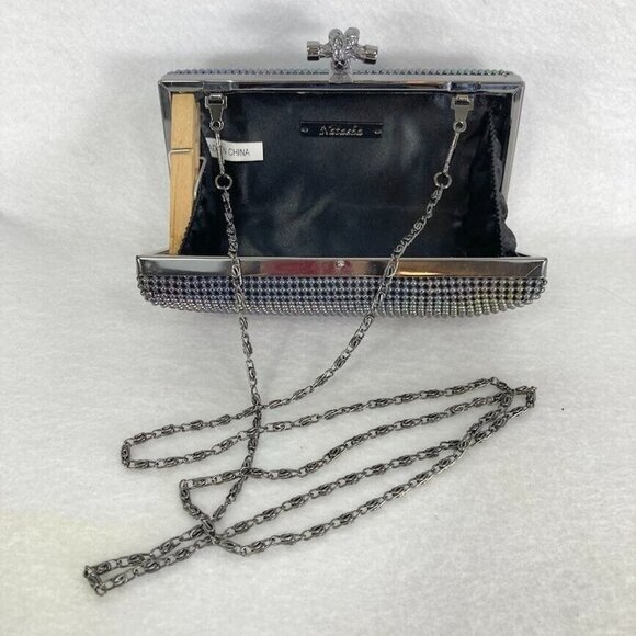 Natasha Elegant Black Metal Rhinestone Mesh Clutch With Strap - Picture 5 of 6